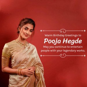 Pooja Hegde in a golden saree with birthday greetings