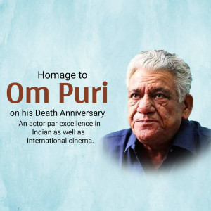 Portrait of Om Puri with text commemorating his death anniversary.
