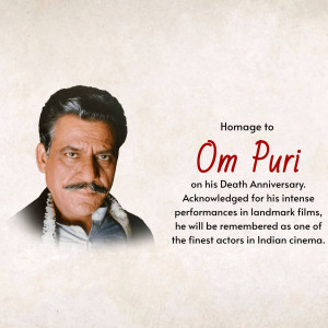 Portrait of Om Puri with text commemorating his death anniversary.