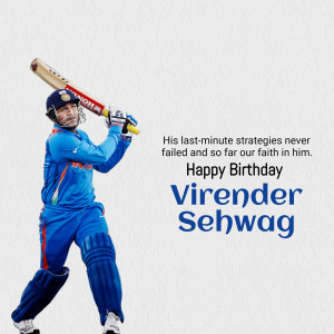 Virender Sehwag batting in a cricket match with a birthday message.