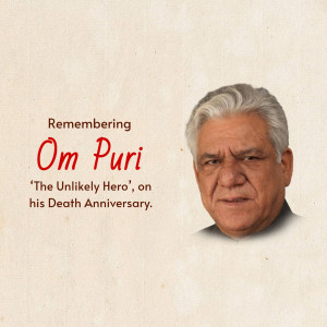 Portrait of Om Puri with text commemorating his death anniversary.