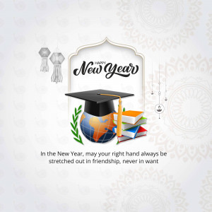 New Year greeting with graduation cap, globe, books, and celebratory lights.