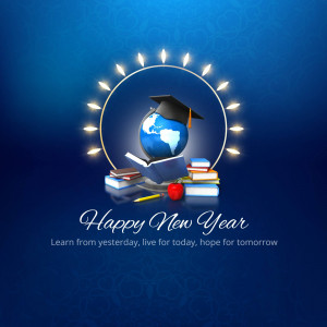 Globe, books, graduation cap and lights with 'Happy New Year' text