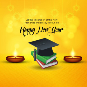 New Year celebration with graduation cap and books, lit candles in the background