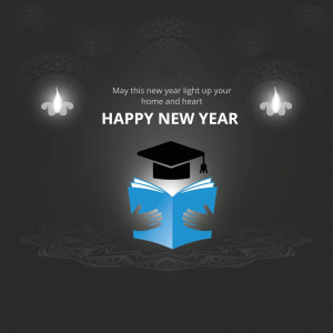 New Year greeting with graduation cap and open book