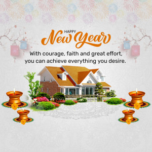 New Year greeting with a house, candles, and lanterns.