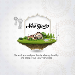 New Year greeting with a house on a floating island