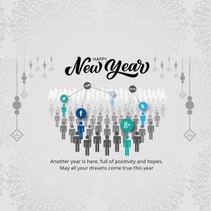 New Year greeting with a heart shape made of people icons and social media symbols.