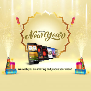 New Year promotion featuring smartphones and festive elements.
