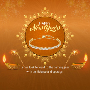 Happy New Year graphic with diamond bracelet and traditional oil lamps