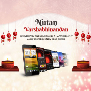 New Year greeting with smartphones and festive decorations