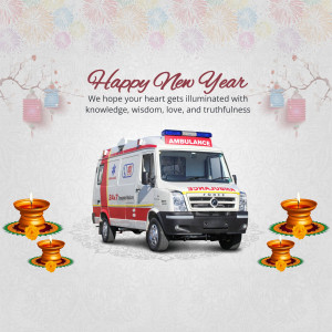 An ambulance with New Year decorations and lit lamps.