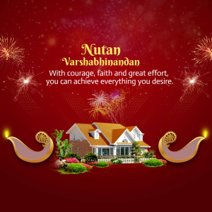 New Year greeting with a house, fireworks, and traditional oil lamps.