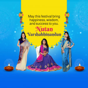 Image depicting a festive New Year greeting with women in traditional Indian attire and celebratory decorations.