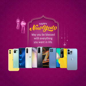 New Year promotion featuring various smartphones with festive decorations.
