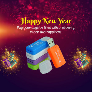 Promotional image featuring a stack of colorful USB drives with New Year fireworks.