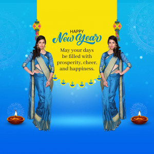 Woman in blue saree wishing Happy New Year