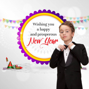 A young boy in a tuxedo wishing a happy new year.