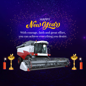 New Year greeting with a combine harvester and festive elements.