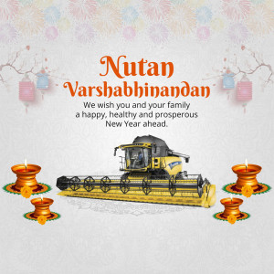Nutan Varshabbinandan greeting with a combine harvester and festive decorations.