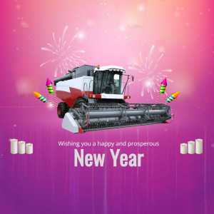 Combine harvester with fireworks and New Year wishes