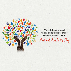Image depicting a tree formed by colorful handprints with text honoring armed forces on National Solidarity Day.