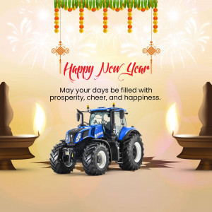 New Year greeting with a tractor, diyas, and festive decorations.