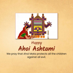 Ahoi Ashtami greeting card with a woman performing puja and text wishing 'Happy Ahoi Ashtami'