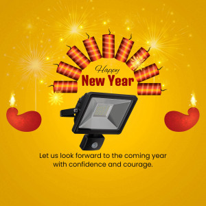 New Year celebration with fireworks, candles, and a spotlight.