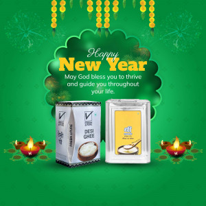 Happy New Year greeting with Desi Ghee products and festive decorations.