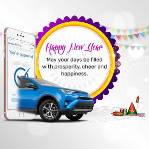 New Year promotion for car loans with a phone displaying approval and a car image.