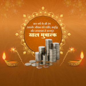 Diwali greeting with coins and traditional lamps