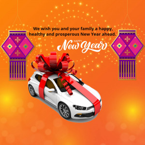 A white car with a red ribbon and bow, decorated with New Year lanterns.