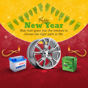 New Year promotion featuring car wheel, battery, and festive decorations.