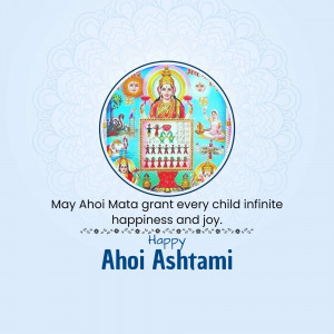 Ahoi Ashtami greeting with a depiction of Goddess Ahoi and a message of happiness and joy.