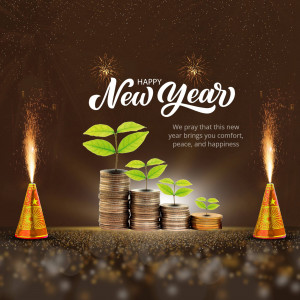 New Year greeting with a plant growing from stacked coins and fireworks