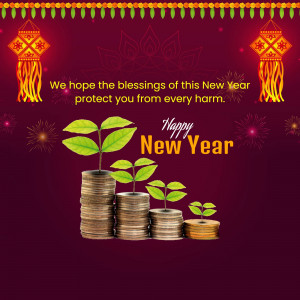 New Year greeting with coins and a growing plant symbolizing prosperity.