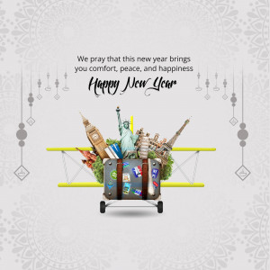New Year greeting with a travel theme featuring landmarks and an airplane.