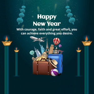 Happy New Year graphic with travel elements and a motivational quote.