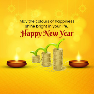 New Year greeting with stacked coins, lit lamps, and a growing plant.