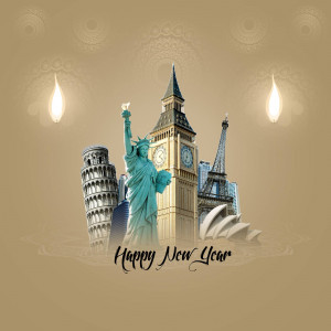 Collage of famous world landmarks with 'Happy New Year' text