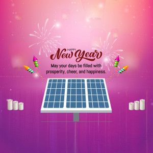 New Year greeting with a solar panel and fireworks
