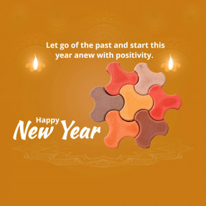 Puzzle pieces forming a circle with a New Year message and lit candles.
