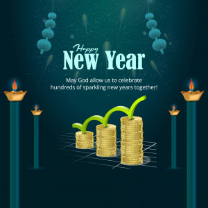 New Year greeting with candles, stacked coins representing growth, and festive decorations.