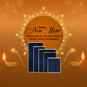 Happy New Year greeting with solar panels and traditional lamps