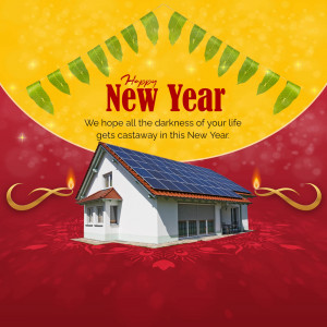 New Year greeting with a house powered by solar panels