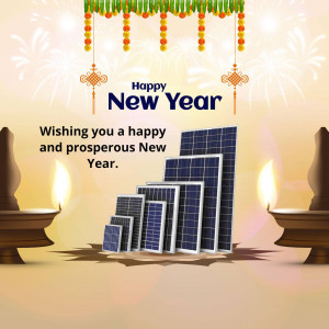 New Year greeting with solar panels and traditional decorations