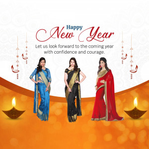 Three women in colorful sarees wishing Happy New Year