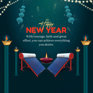Happy New Year greeting with Rajuri Solar water heaters and festive decorations.
