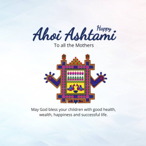 Ahoi Ashtami greeting card with a traditional decorated pot and blessings for mothers.